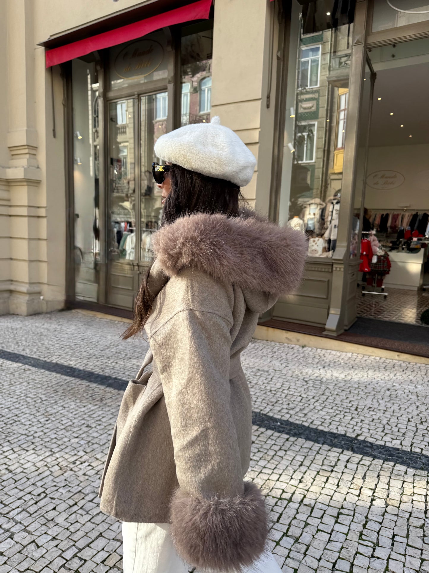 Wool Jacket With Faux Fur in Taupe