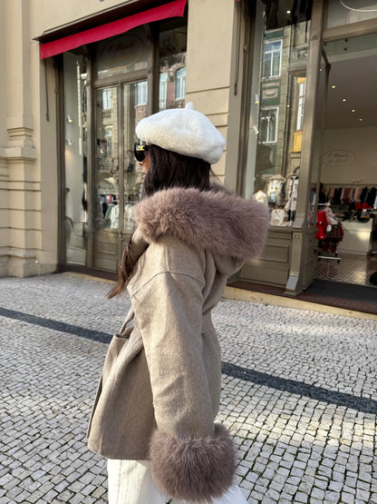 Wool Jacket With Faux Fur in Taupe