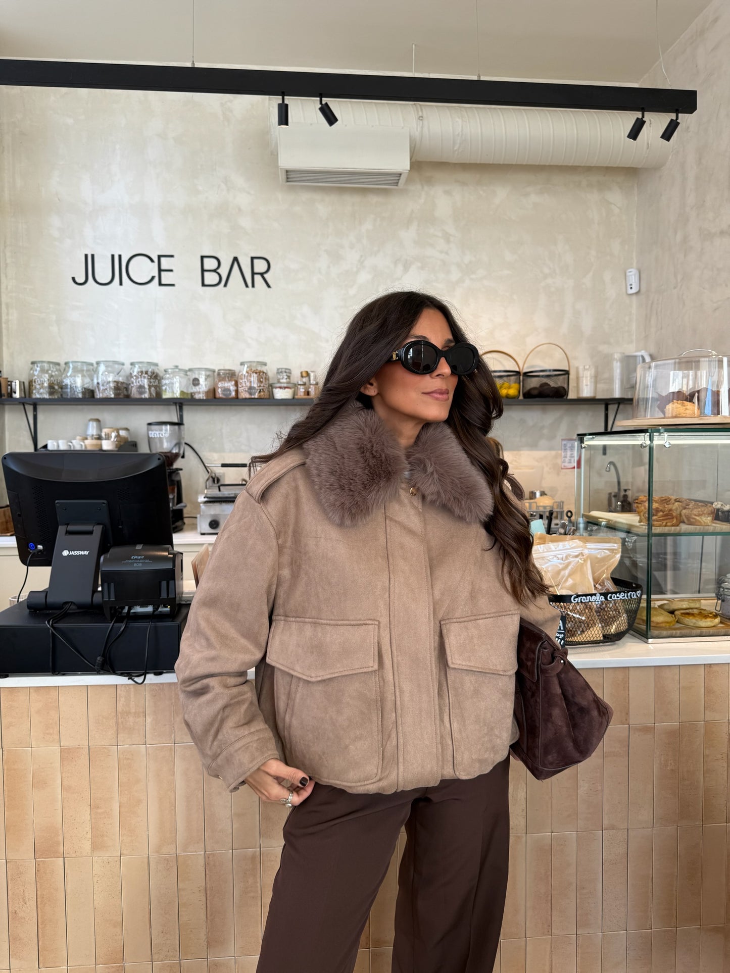 Oversized Taupe Suede Jacket with Faux Fur Collar