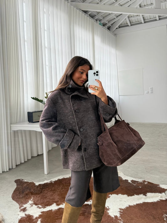 Oversize Wool Cross Coat in Brown