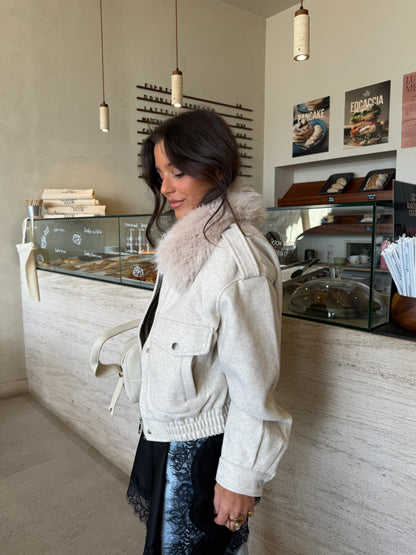 Beige Cropped Fur Collar