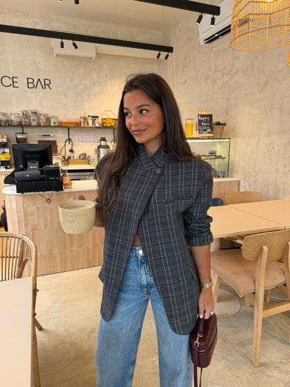 Asymmetrical Blazer in Grey Plaid