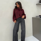 Wide Leg Grey Denim Jeans Studded Details
