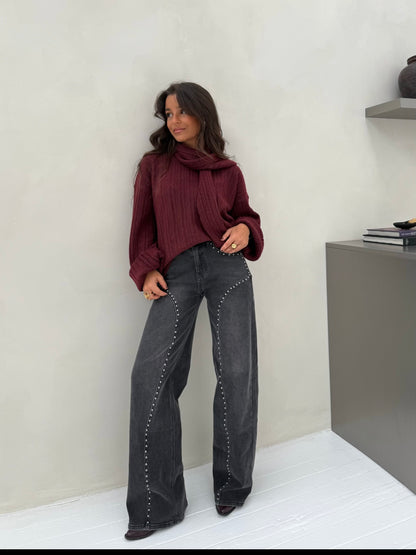Wide Leg Grey Denim Jeans Studded Details - Shipping 21/11 to 28/11