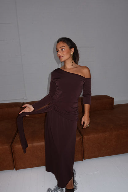 Maya Long Midi Dress in Chocolate Brown