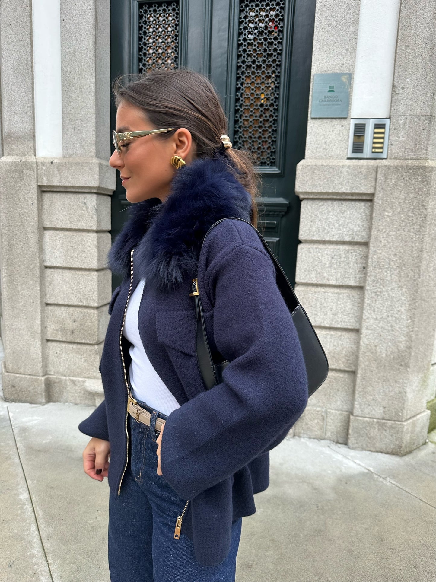 Cashmere Wool Jacket with Fur in Navy Blue