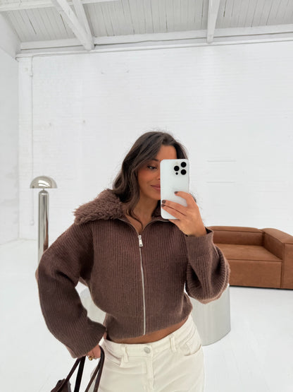 Knit Cardigan with Curly Fur Collar in Brown