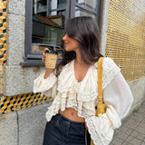 Lace Detail Ruffle Blouse in Cream