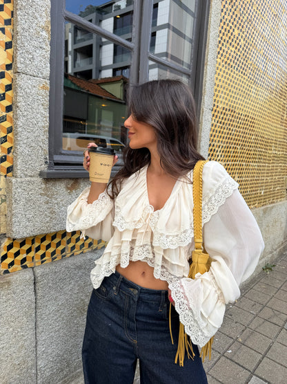 Lace Detail Ruffle Blouse in Cream