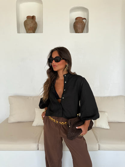 Balloon Sleeve Linen Blouse in Black