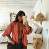 Balloon Sleeve Linen Blouse in Terracota