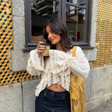 Lace Detail Ruffle Blouse in Cream