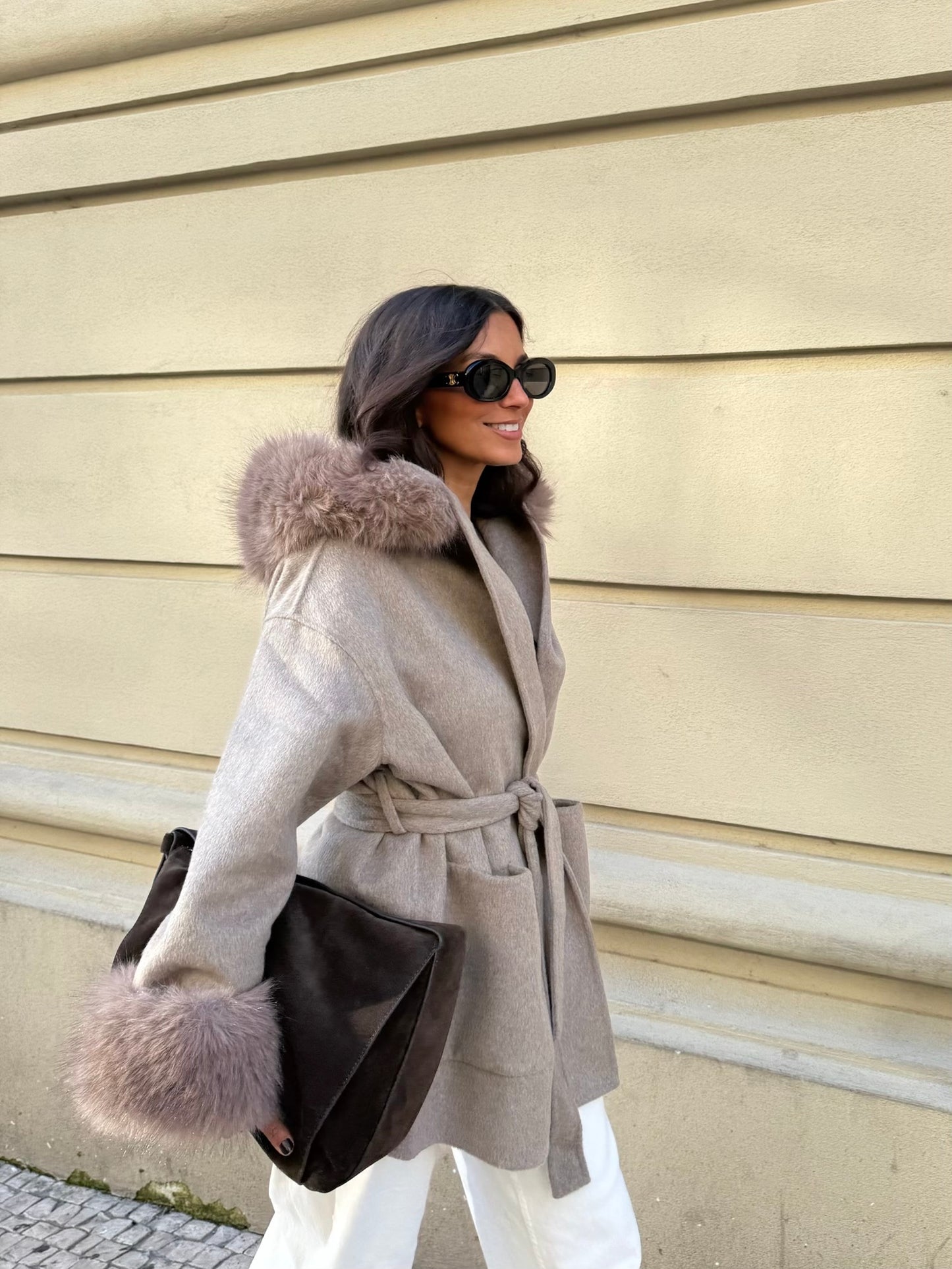 Wool Jacket With Faux Fur in Taupe