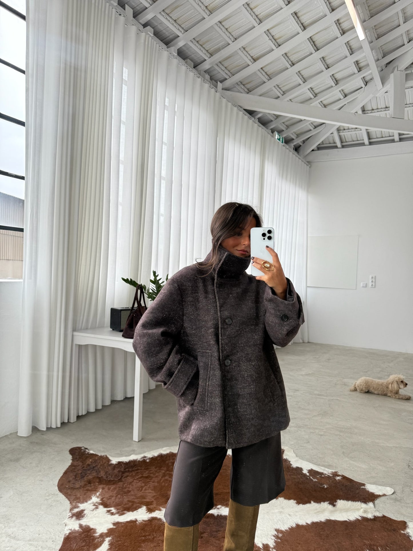 Oversize Wool Cross Coat in Brown