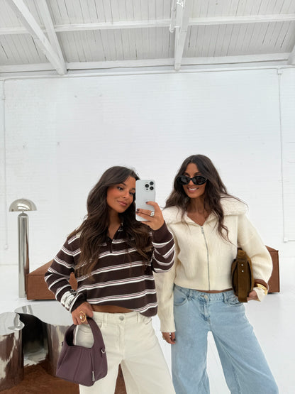 Knit Cardigan with Curly Fur Collar in White