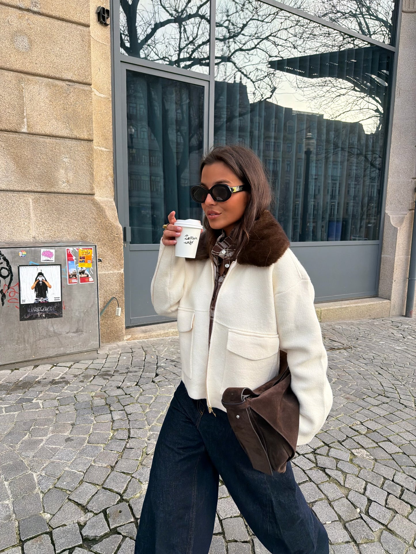 Cashmere and Wool Jacket with Fur Collar in Brown