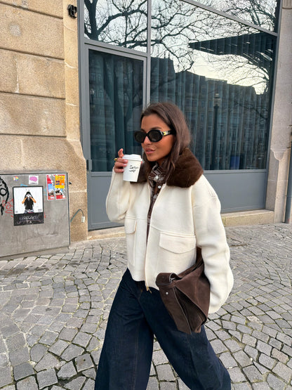 Cashmere and Wool Jacket with Fur Collar in Brown