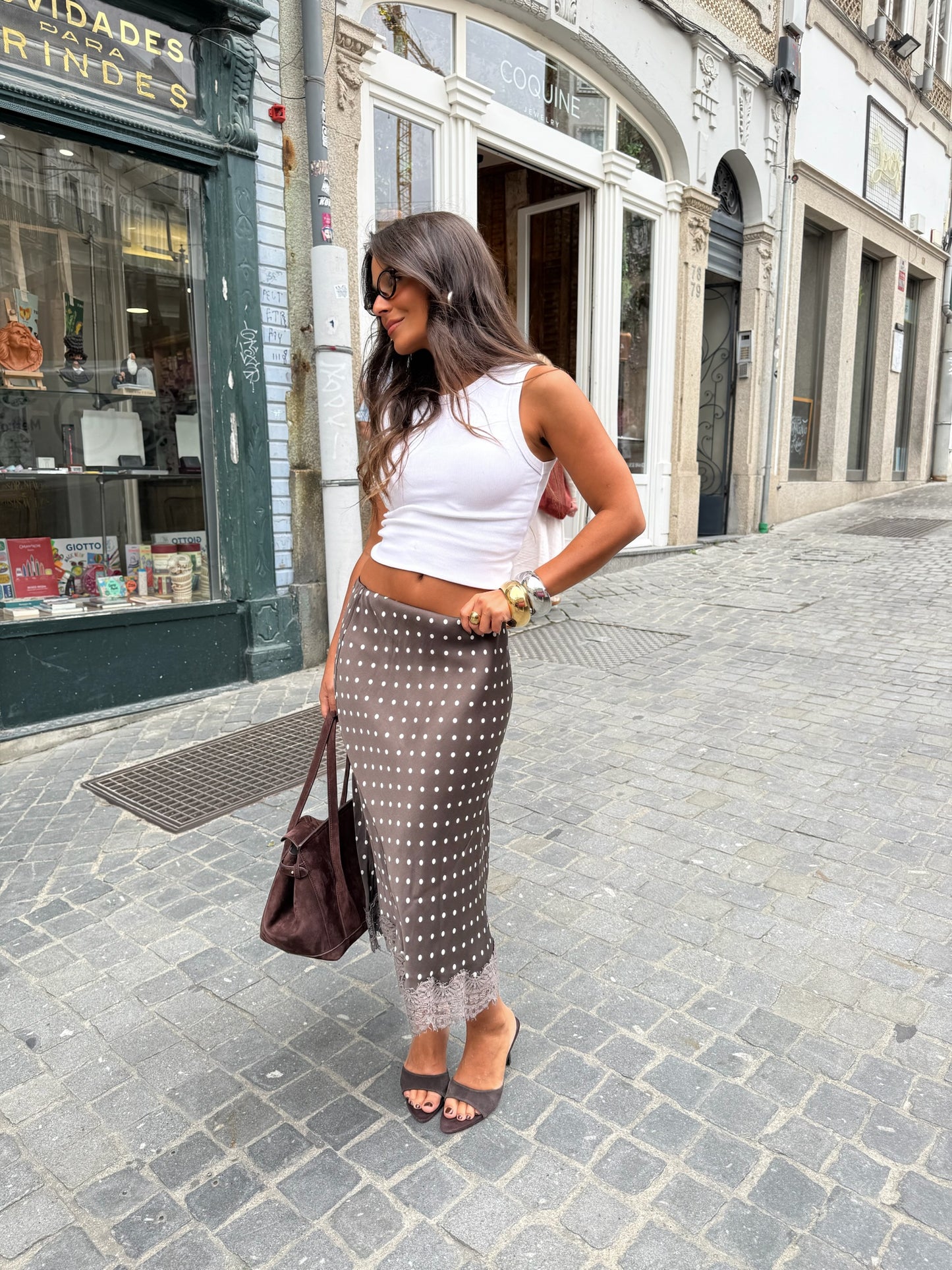 Polka Dot Satin Skirt with Lace Deatil in Brown - Shipping 01/10