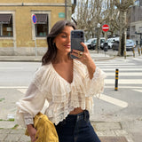 Lace Detail Ruffle Blouse in Cream