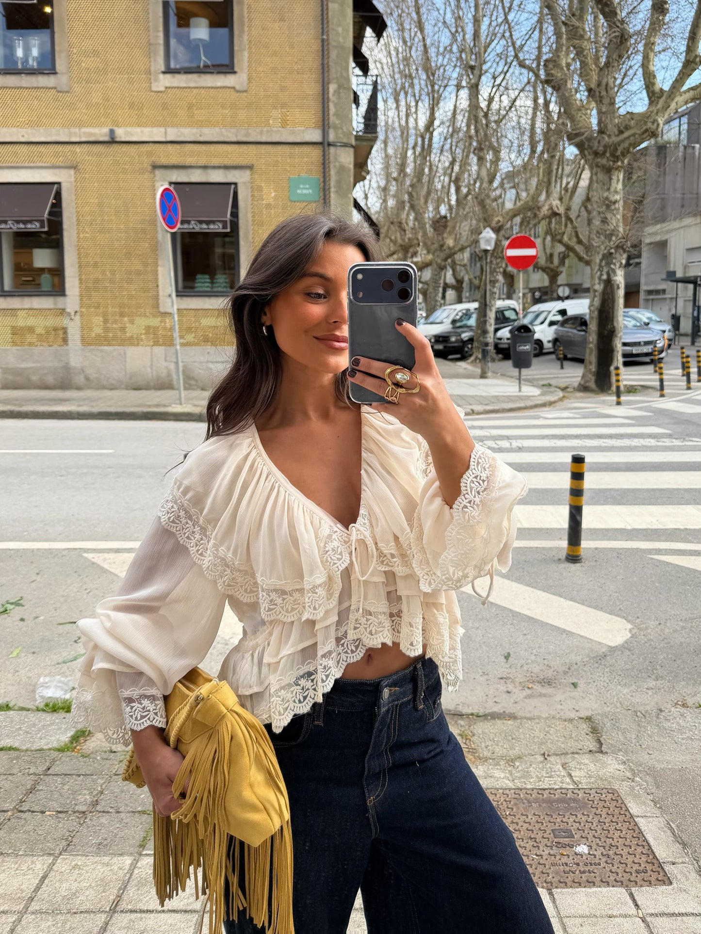 Lace Detail Ruffle Blouse in Cream