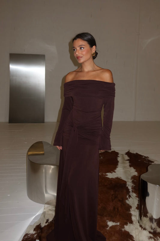 Elle Off Shoulder Dress in Brown