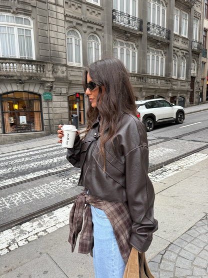 Cropped Leather Jacket in Dark Brown