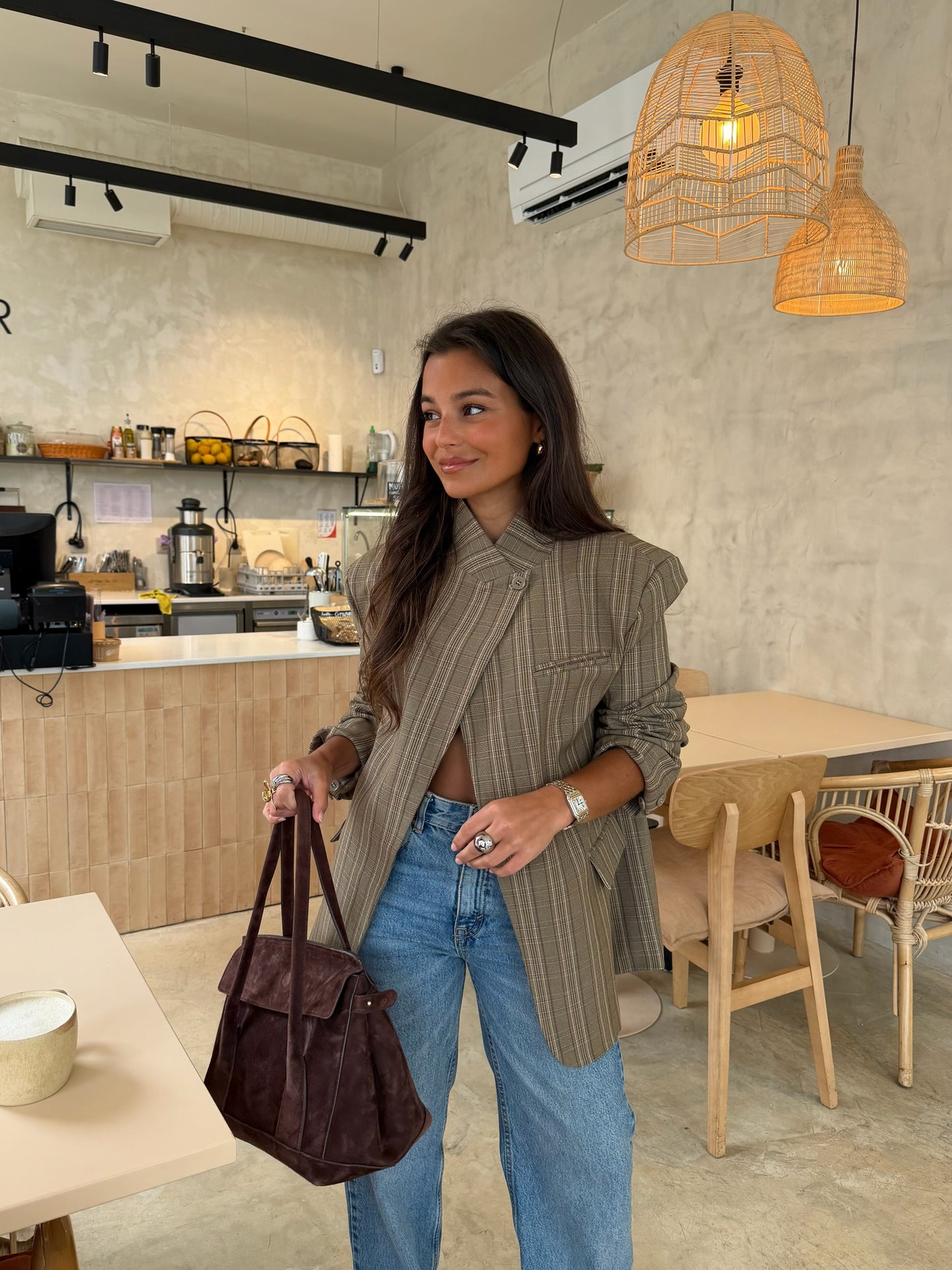 Asymmetrical Blazer in Taupe Plaid
