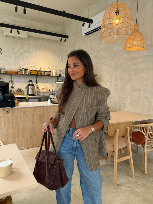 Asymmetrical Blazer in Taupe Plaid
