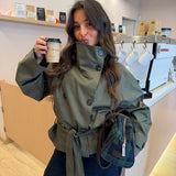 Cropped High Neck Trench Coat in Khaki