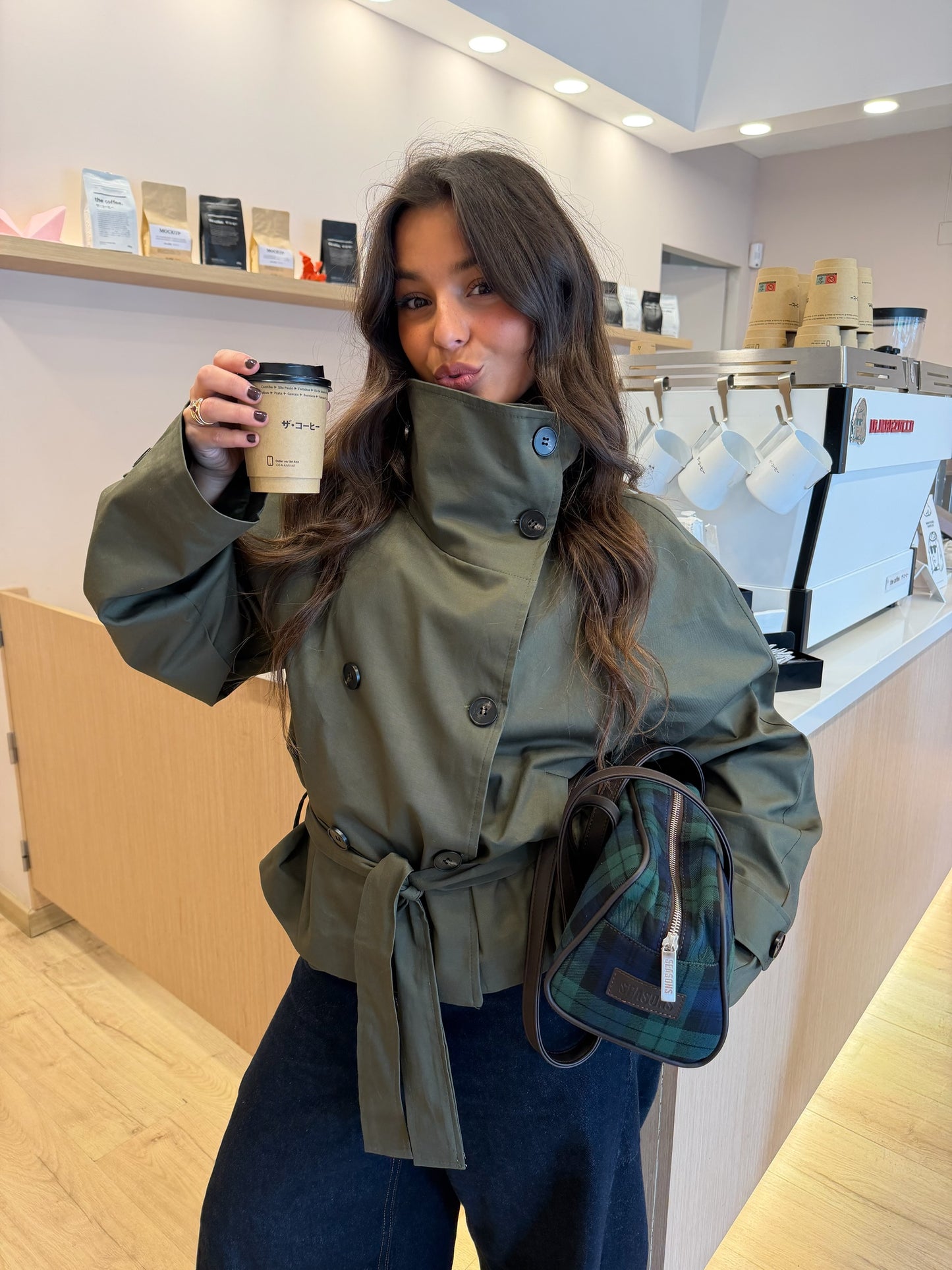 Cropped High Neck Trench Coat in Khaki