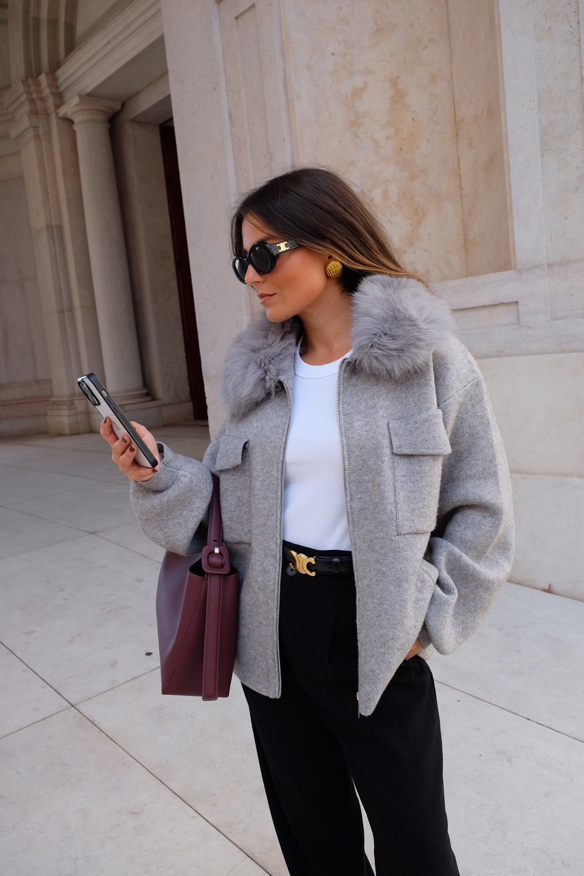 Cashmere Wool Jacket with Fur in Grey