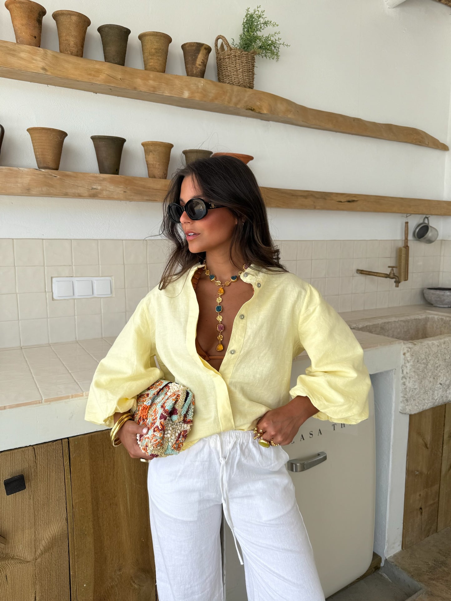 Balloon Sleeve Linen Blouse in Light Yellow