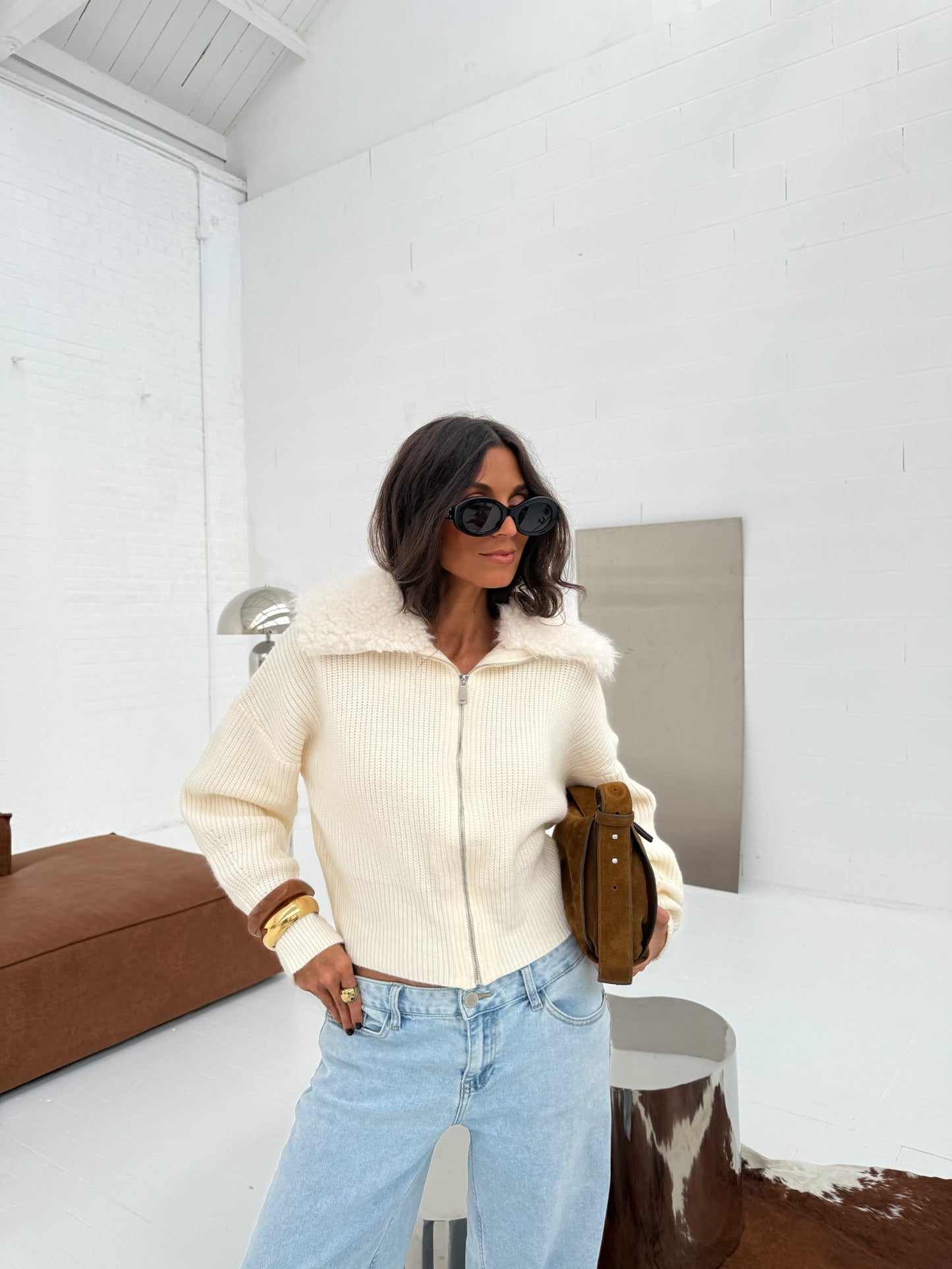 Knit Cardigan with Curly Fur Collar in White