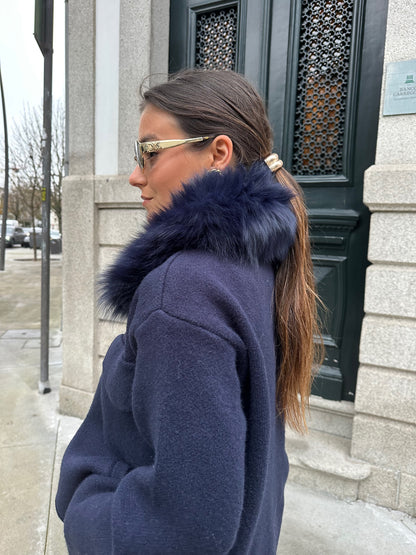 Cashmere Wool Jacket with Fur in Navy Blue