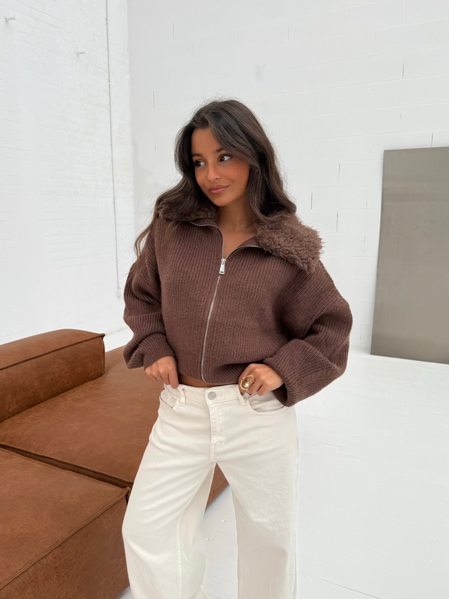 Knit Cardigan with Curly Fur Collar in Brown