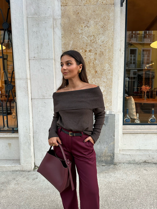 Off Shoulder Knit Brown Shirt