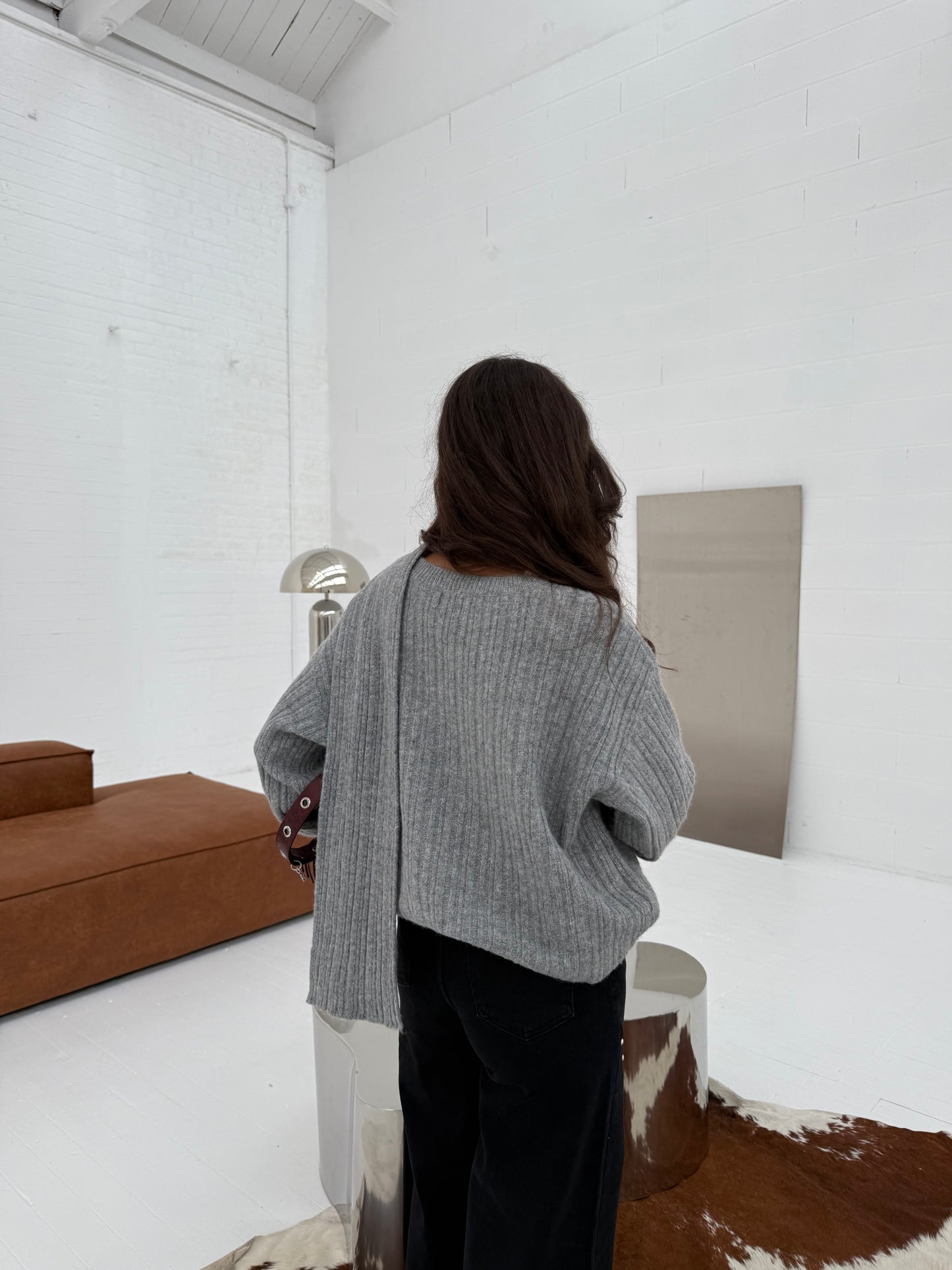 Stockholm Knit Sweater with Scarf in Grey