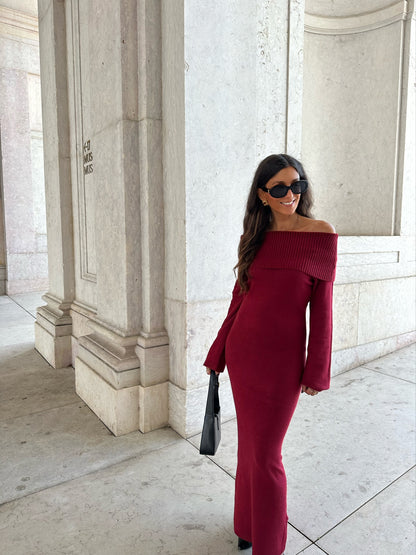 Off Shoulder Knit Dress in Burgundy