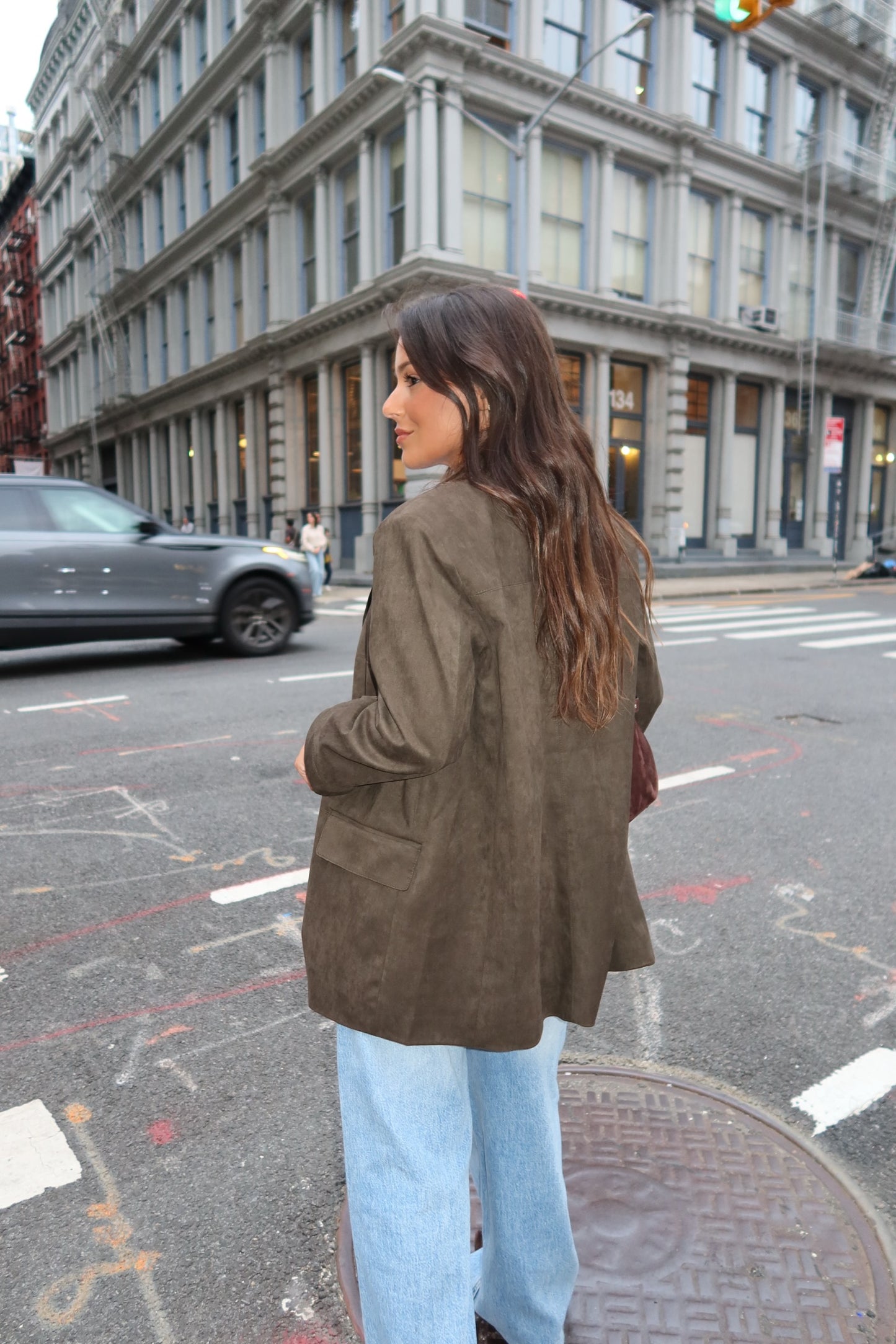 Chelsea Suede Blazer in Olive Green