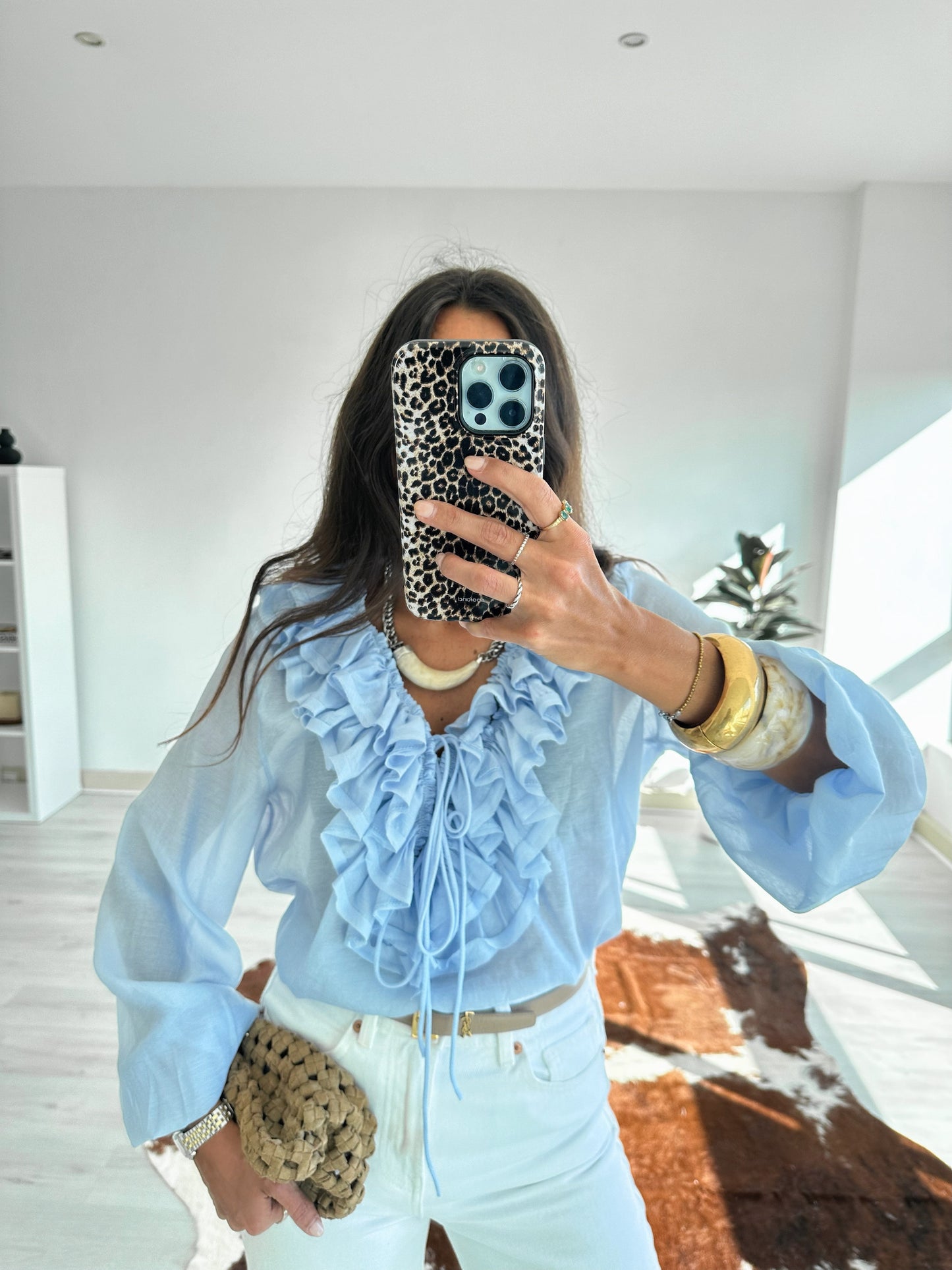 Sheer Blouse with Ruffle Details in Blue