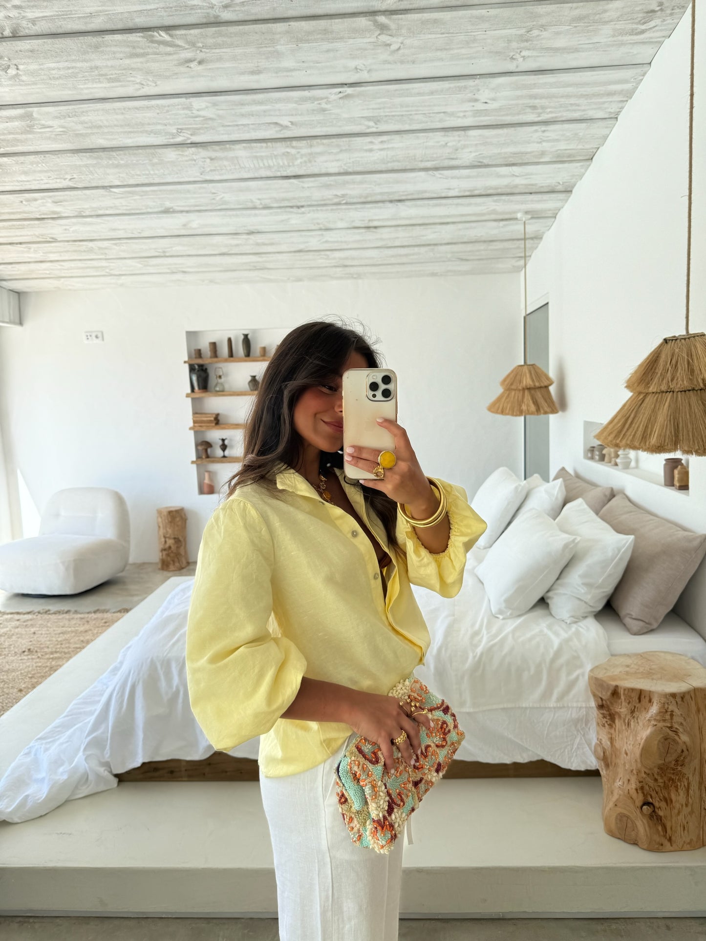 Balloon Sleeve Linen Blouse in Light Yellow
