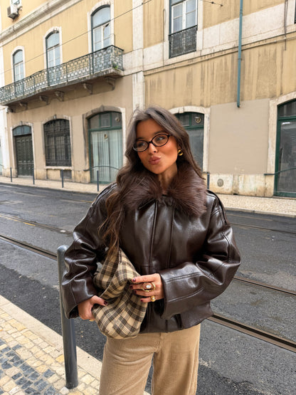 Leather Jacket With Removable Fur Collar in Brown