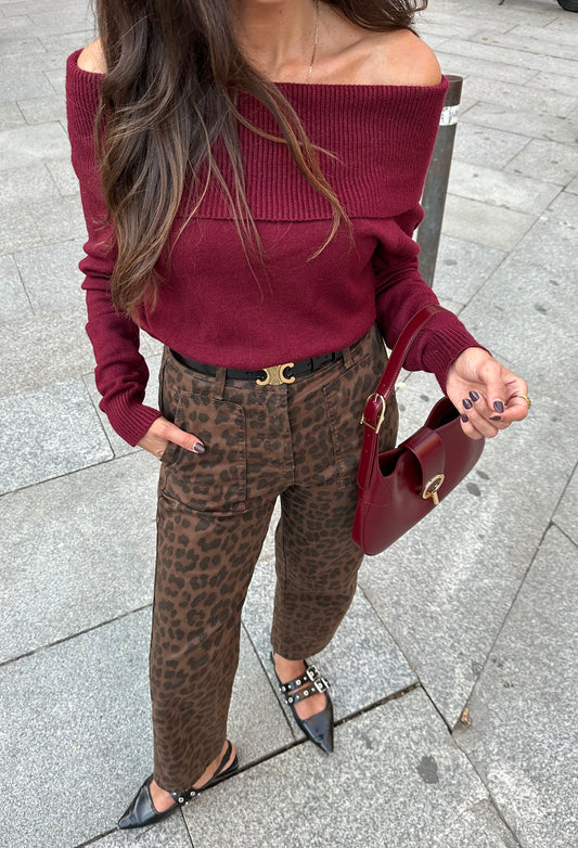 Off Shoulder Knit Burgundy Shirt