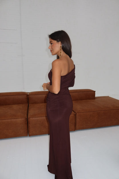 Cammy One Shoulder Dress in Brown