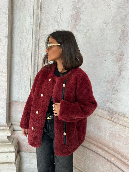 Curly Fur Jacket in Burgundy