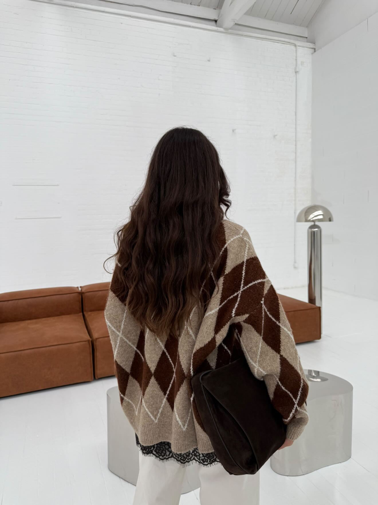 Beige Diamond-Pattern Knit Sweater Shipping from 8/12 to 12/12