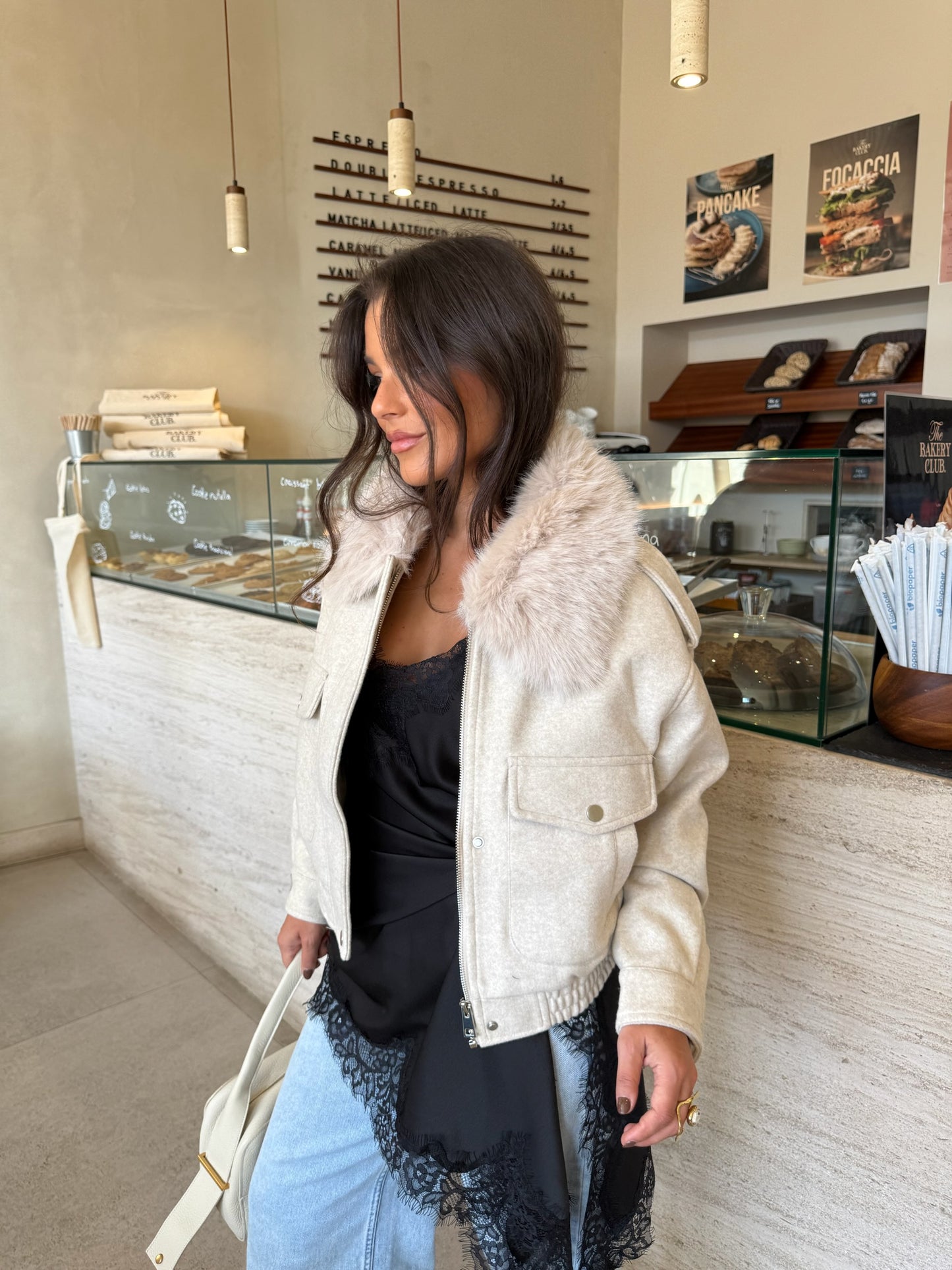 Beige Cropped Fur Collar