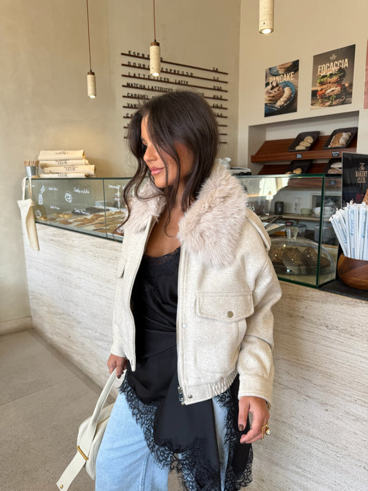 Beige Cropped Fur Collar