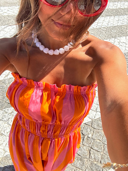 Vestido naranja y rosa