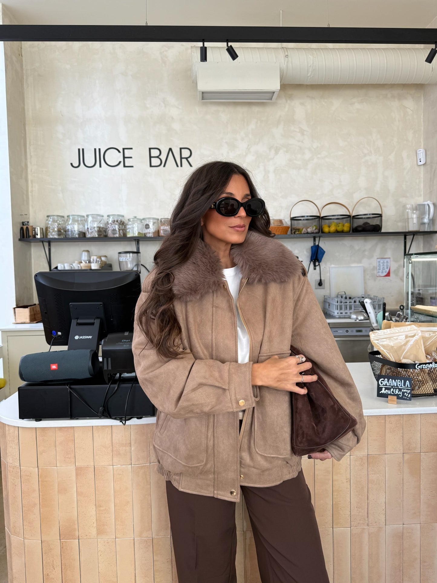 Oversized Taupe Suede Jacket with Faux Fur Collar